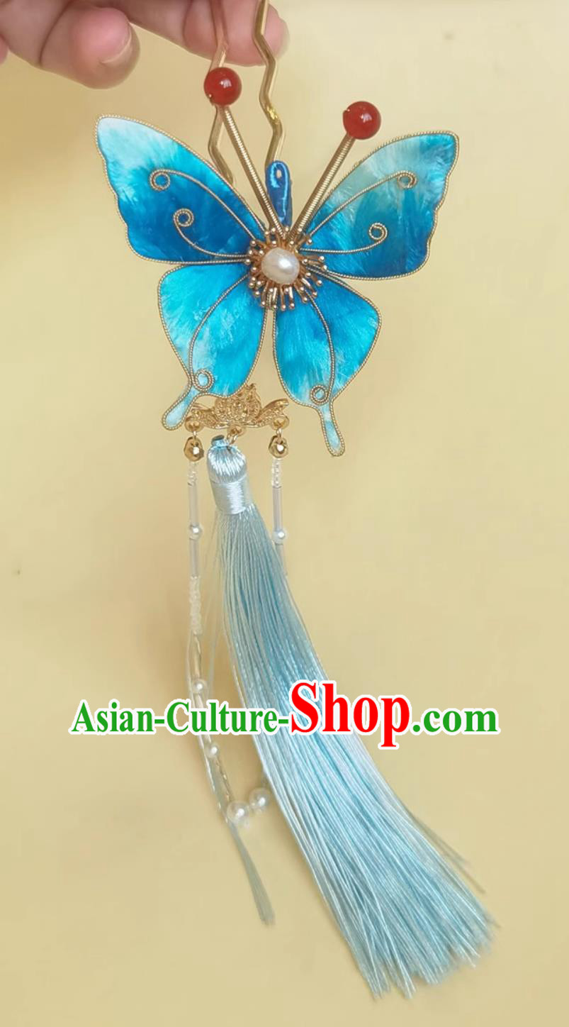Hanfu Hair Accessory Intangible Cultural Heritage Velvet Silk Blue Butterfly Hairpin Handmade Tassel Hair Clip Chinese Qipao Headpiece