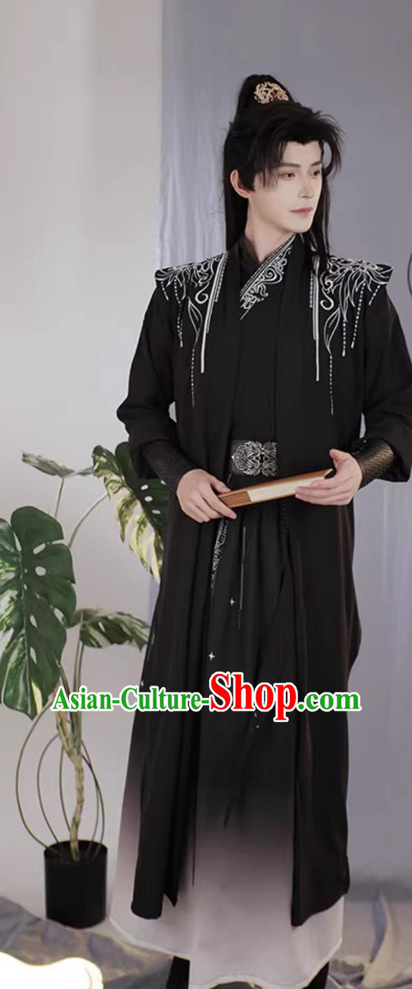 China Ancient Superhero Black Embroidered Outfit Traditional Young Warrior Costumes Chinese Ancient Swordsman Clothing