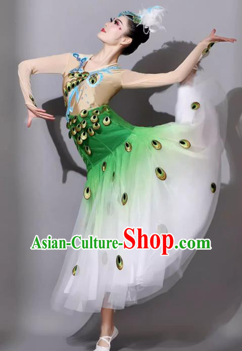 Green China Yunnan Ethnic Minority Cucurbit Flute Performance Clothing Woman Peacock Dance Dress Dai Ethnic Dance Costume