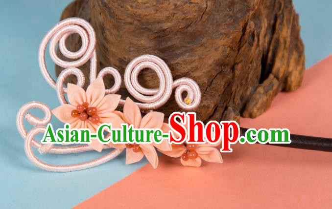 China Hanfu Hair Jewelry Ancient Young Lady Pink Flower Headpiece Handmade Qipao Ebony Hairpin