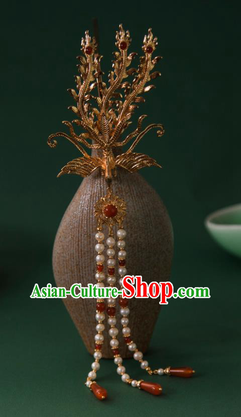 Handmade Wedding Phoenix Crown China Tang Dynasty Golden Hairpin Ancient Empress Hair Jewelry