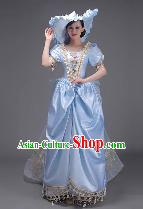 European Runway Show Clothing Court Costume Royal Aristocrats Medieval Retro Princess Blue Taildress