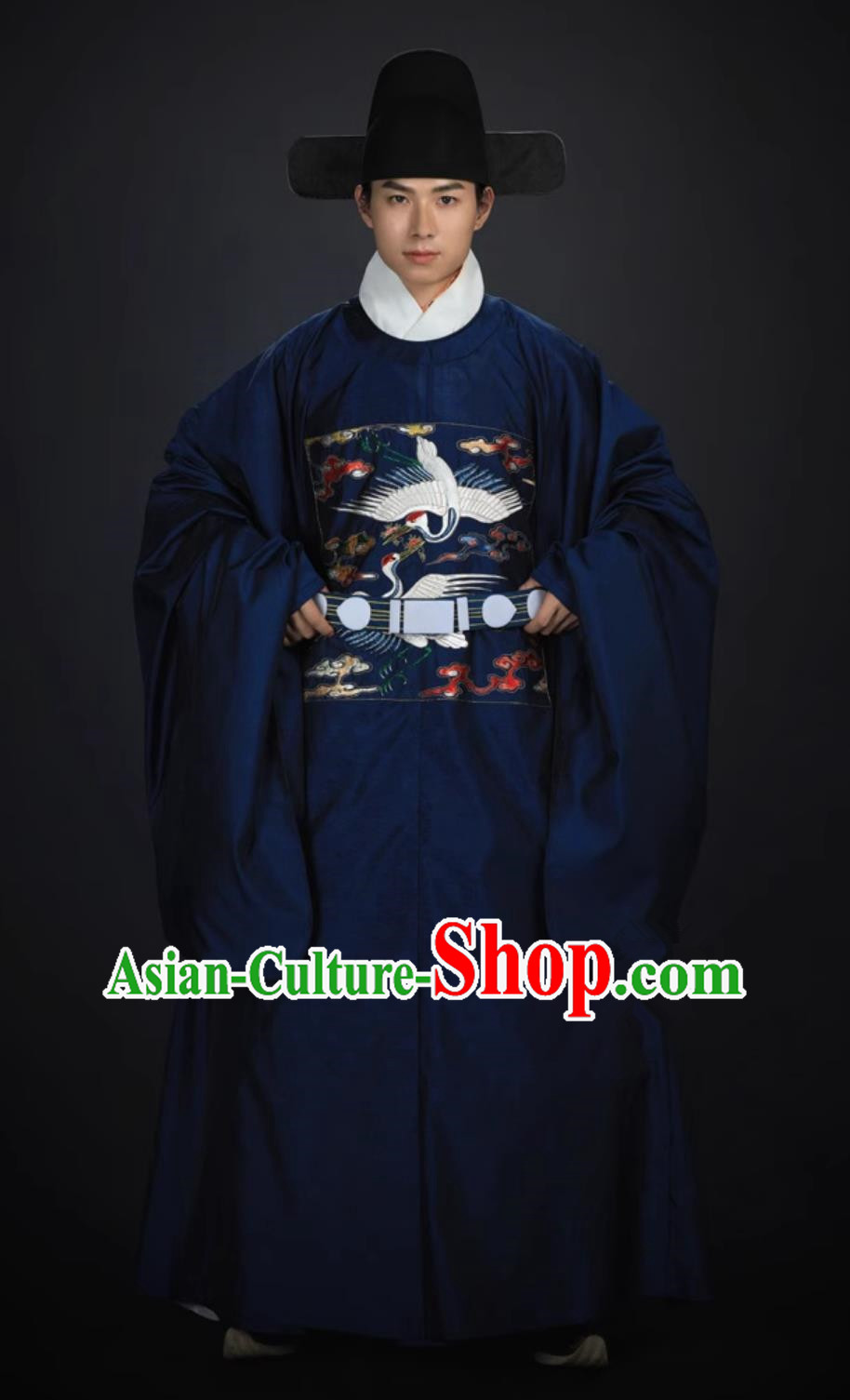 Ancient China First Rank Civil Official Official Clothing Dark Blue Chinese Embroidered Double Cranes Robe Ming Dynasty Court Costume