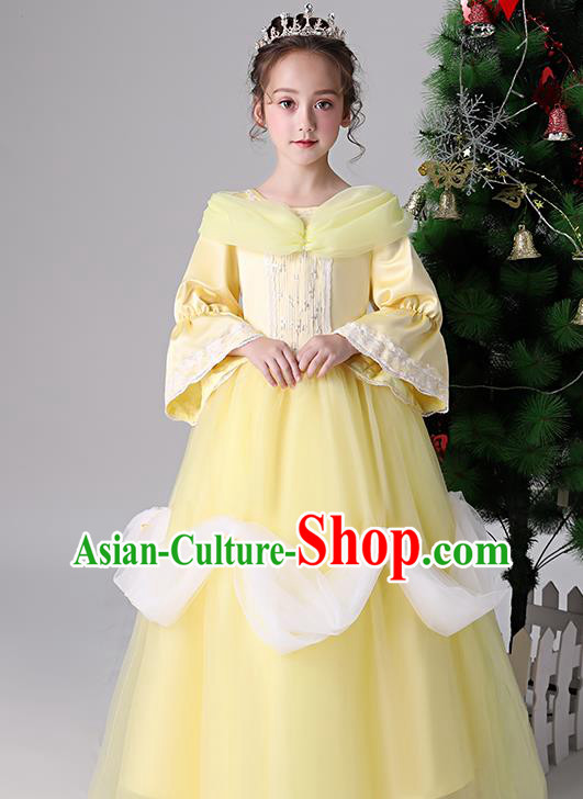 Children Birthday Full Dress Christmas Performance Costume Yellow Long Sleeved Girl Princess Dress
