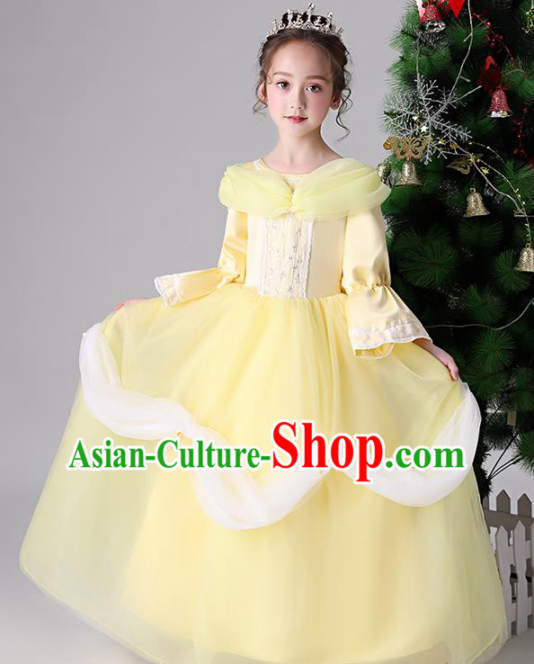 Children Birthday Full Dress Christmas Performance Costume Yellow Long Sleeved Girl Princess Dress