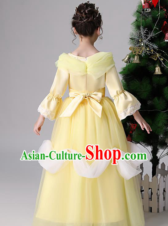 Children Birthday Full Dress Christmas Performance Costume Yellow Long Sleeved Girl Princess Dress
