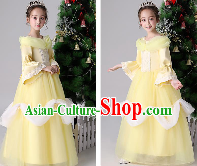 Children Birthday Full Dress Christmas Performance Costume Yellow Long Sleeved Girl Princess Dress
