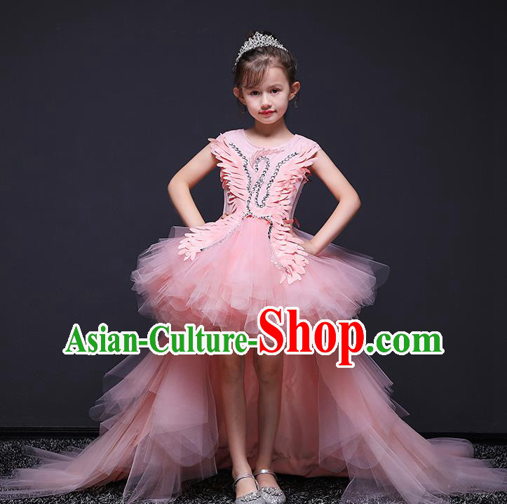 Pink Children Dress Princess Trailing Dress Girl Model Runway Clothing Playing Piano Performance Costume