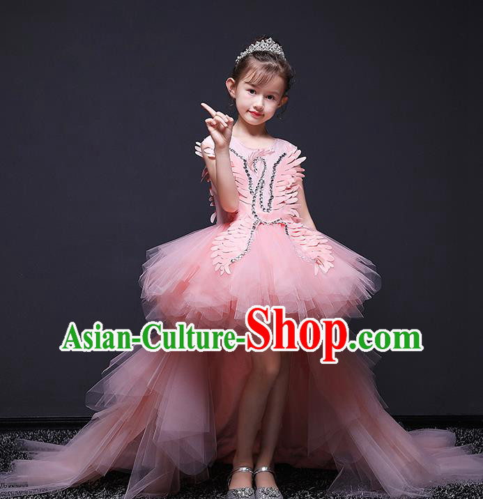 Pink Children Dress Princess Trailing Dress Girl Model Runway Clothing Playing Piano Performance Costume