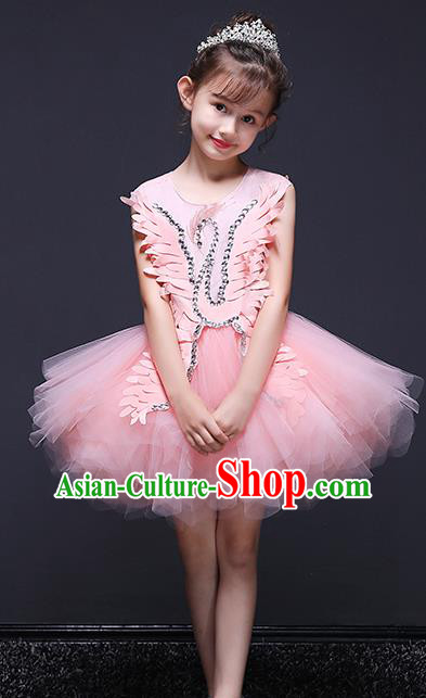 Pink Children Dress Princess Trailing Dress Girl Model Runway Clothing Playing Piano Performance Costume