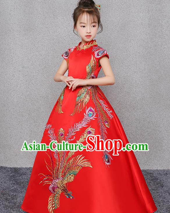 Red Children Dress Flower Children Costume Girl Princess Dress Chinese Style Model Show Performance Clothing