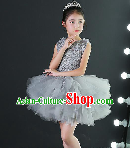 Children Piano Performance Clothing Girl Evening Dress Grey Princess Dress Model Walk Costume