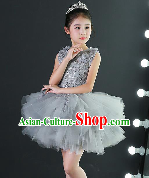 Children Piano Performance Clothing Girl Evening Dress Grey Princess Dress Model Walk Costume