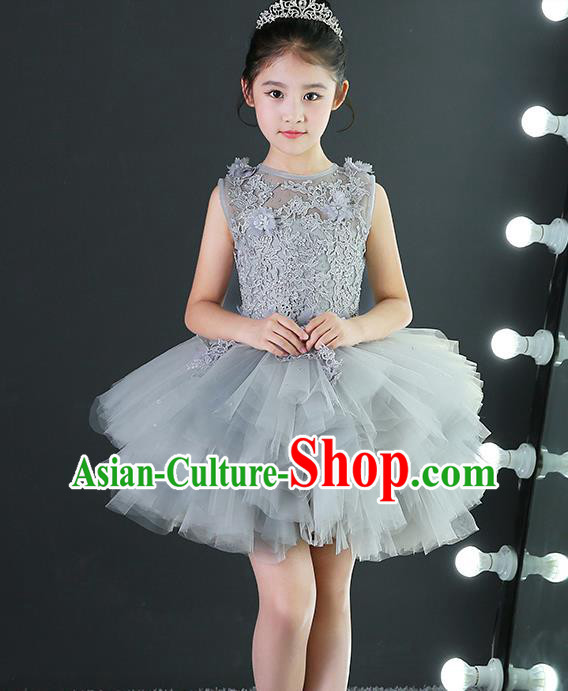 Children Piano Performance Clothing Girl Evening Dress Grey Princess Dress Model Walk Costume