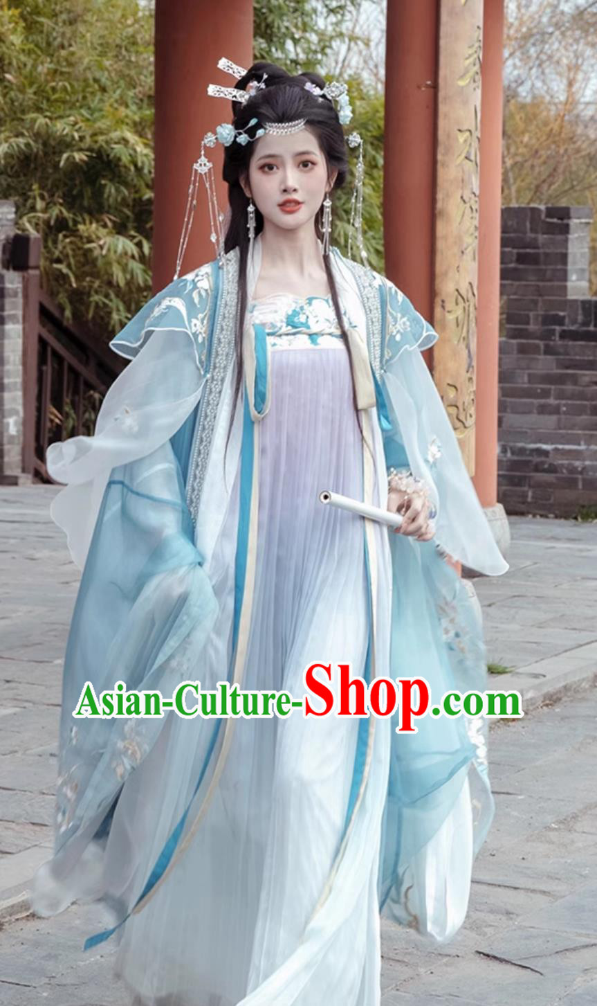 Traditional Hanfu Dress Ancient Chinese Female Clothing Tang Dynasty Princess Blue Garments