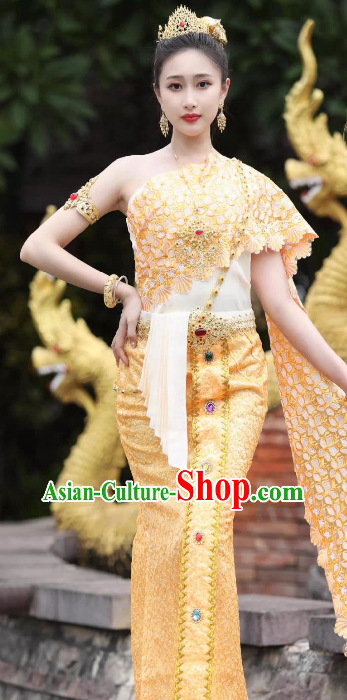 Bride Yellow Uniform Thai Clothing Women Set Thailand Traditional Embroidered Costume
