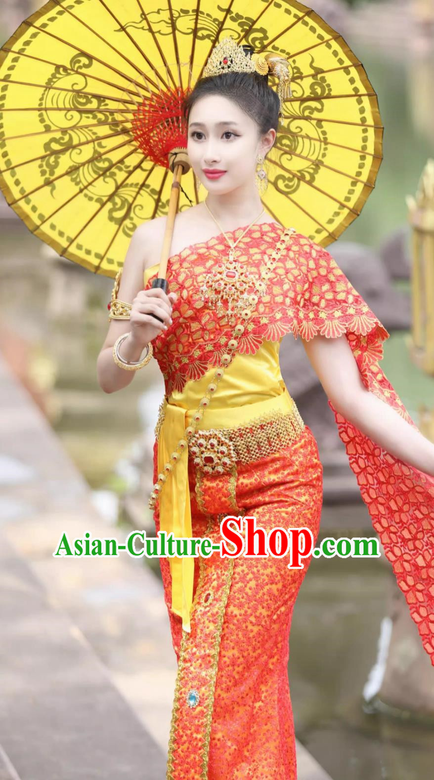 Thailand Traditional Embroidered Costume Bride Red Uniform Thai Clothing Women Set