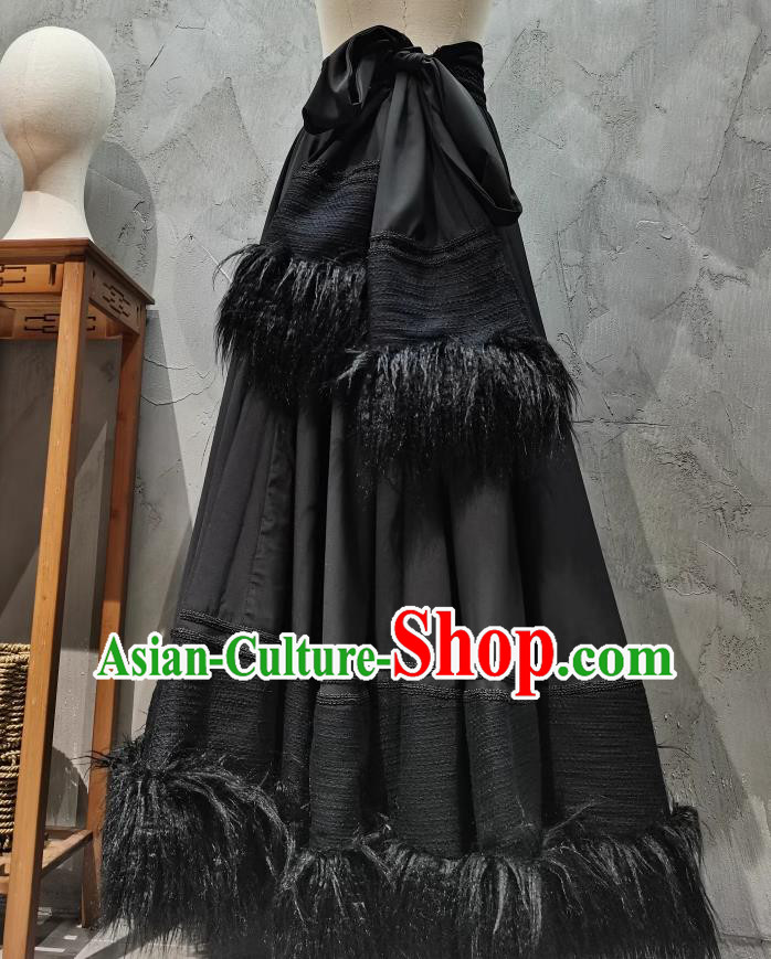Chinese Folk Dance Skirt Black Tibetan Art Examination Clothing Zang Nationality Dance Costume