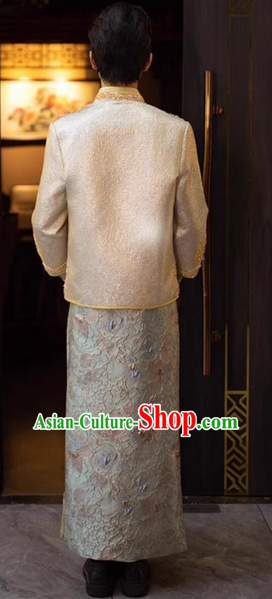 Chinese Traditional Wedding Attire Groom Mandarin Jacket and Long Gown Complete Set