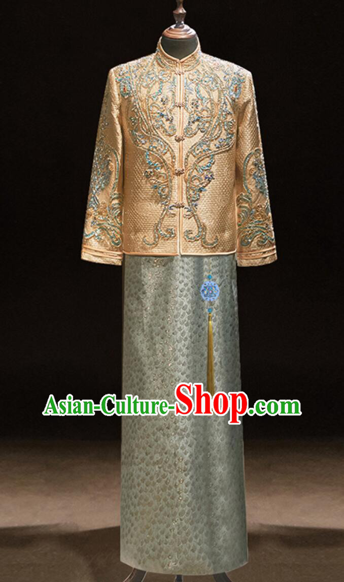 Chinese Groom Mandarin Jacket and Long Gown Traditional Wedding Attire Complete Set