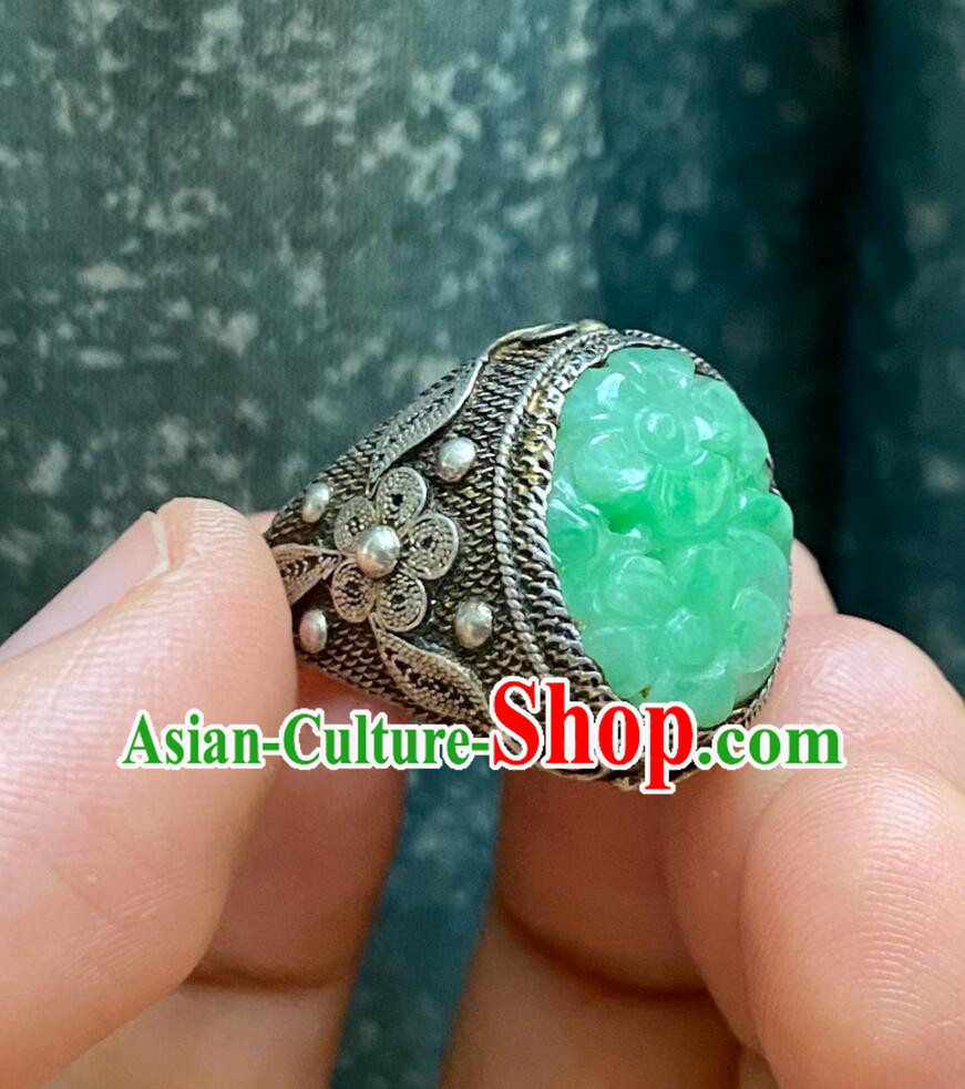 China Classic Jewelry Silver Finger Ring Ancient Chinese Qing Dynasty Jadeite Carving Plum Ring