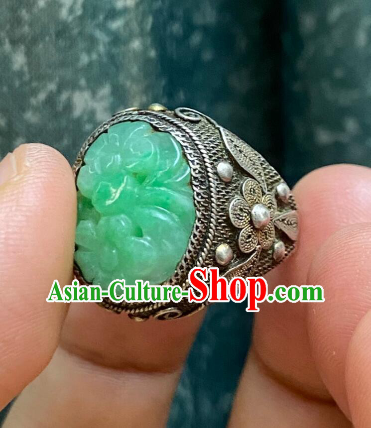 China Classic Jewelry Silver Finger Ring Ancient Chinese Qing Dynasty Jadeite Carving Plum Ring