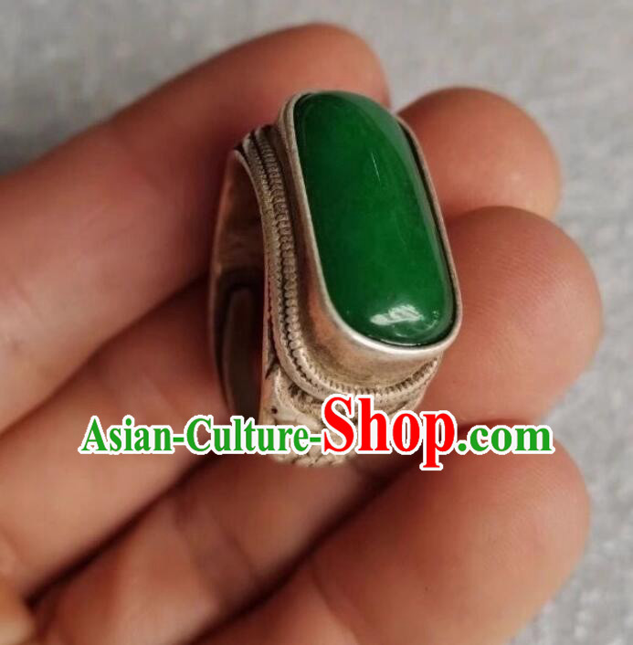 Chinese Qing Dynasty Chrysoprase Ring Ancient China Jewelry Argentan Finger Ring