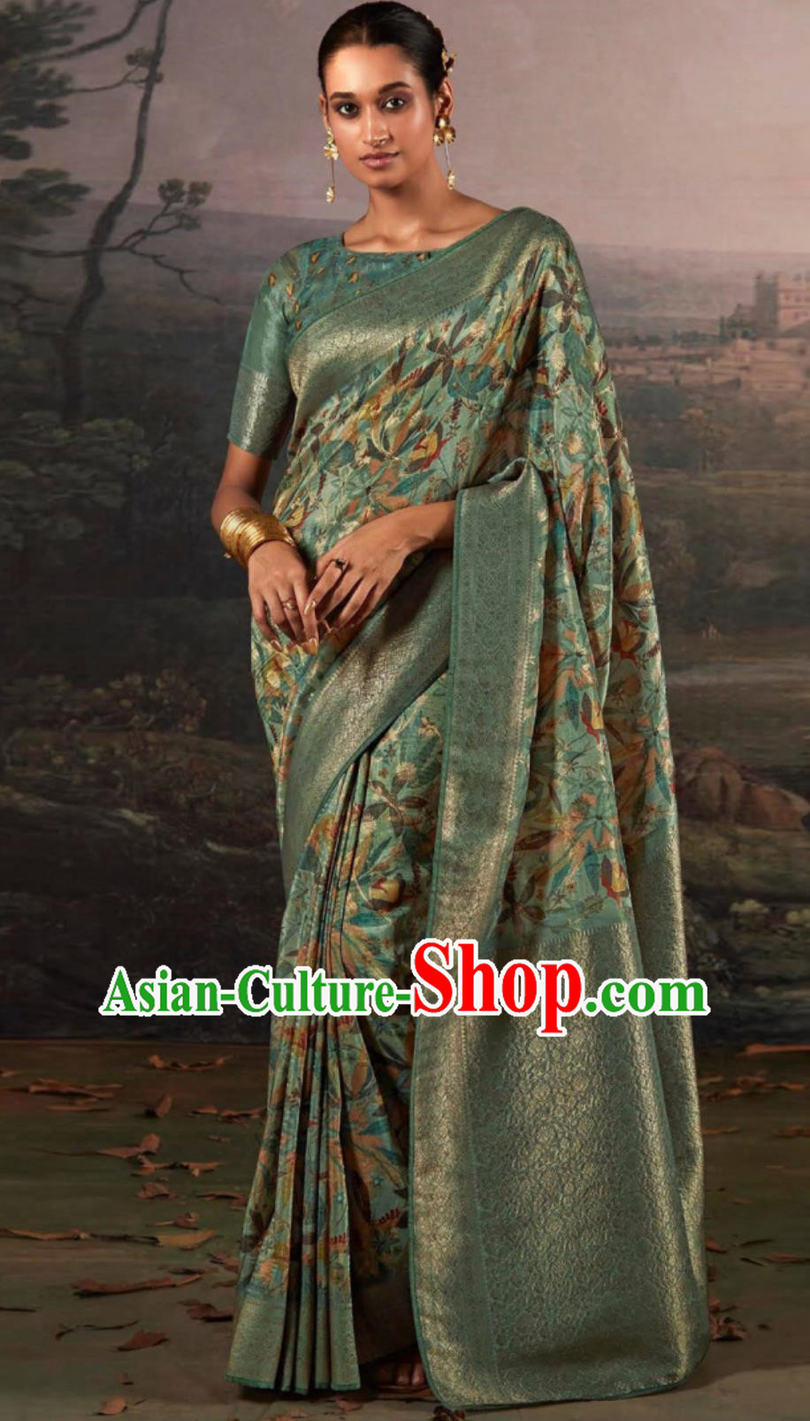 India Olive Green Sari Dress National Women Clothing Indian Traditional Costume