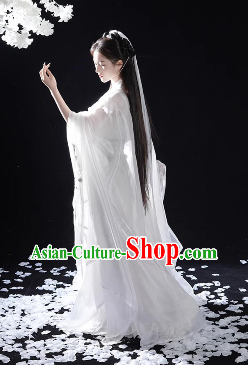 China Wuxia Swordswoman Clothing Ancient Super Heroine Costume Traditional White Hanfu Dress