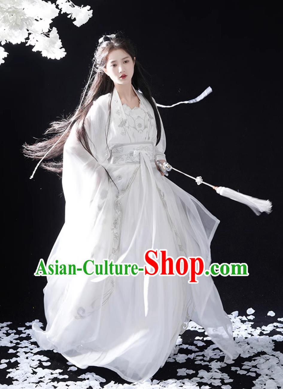 China Wuxia Swordswoman Clothing Ancient Super Heroine Costume Traditional White Hanfu Dress