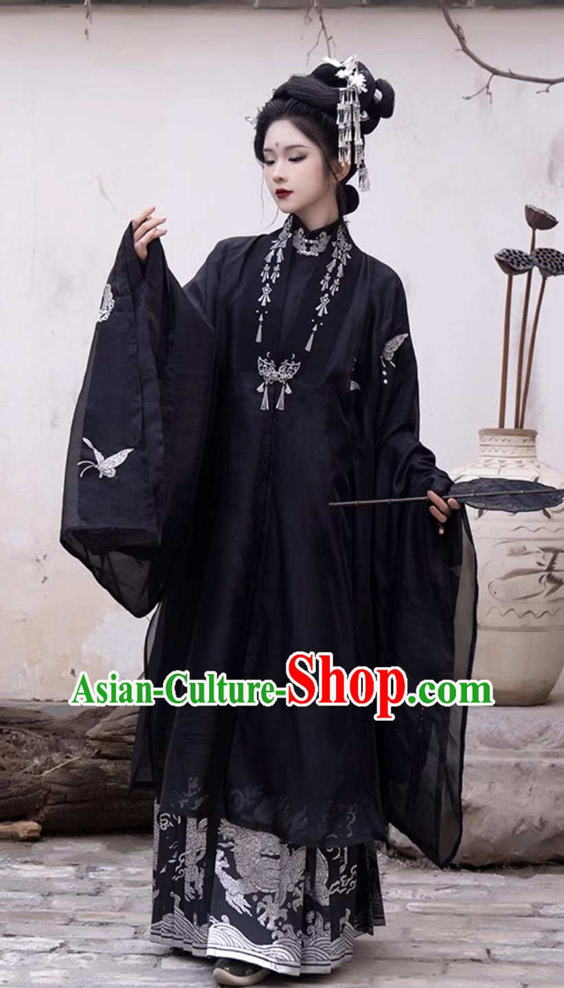 China Ancient Noble Woman Costumes Traditional Black Hanfu Dress Ming Dynasty Royal Mistress Clothing