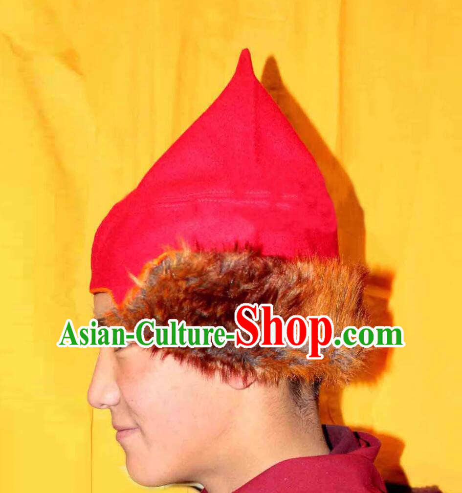 Traditional Tibetan Monk Red Woolen Hat Handmade Xizang Lama Headwear