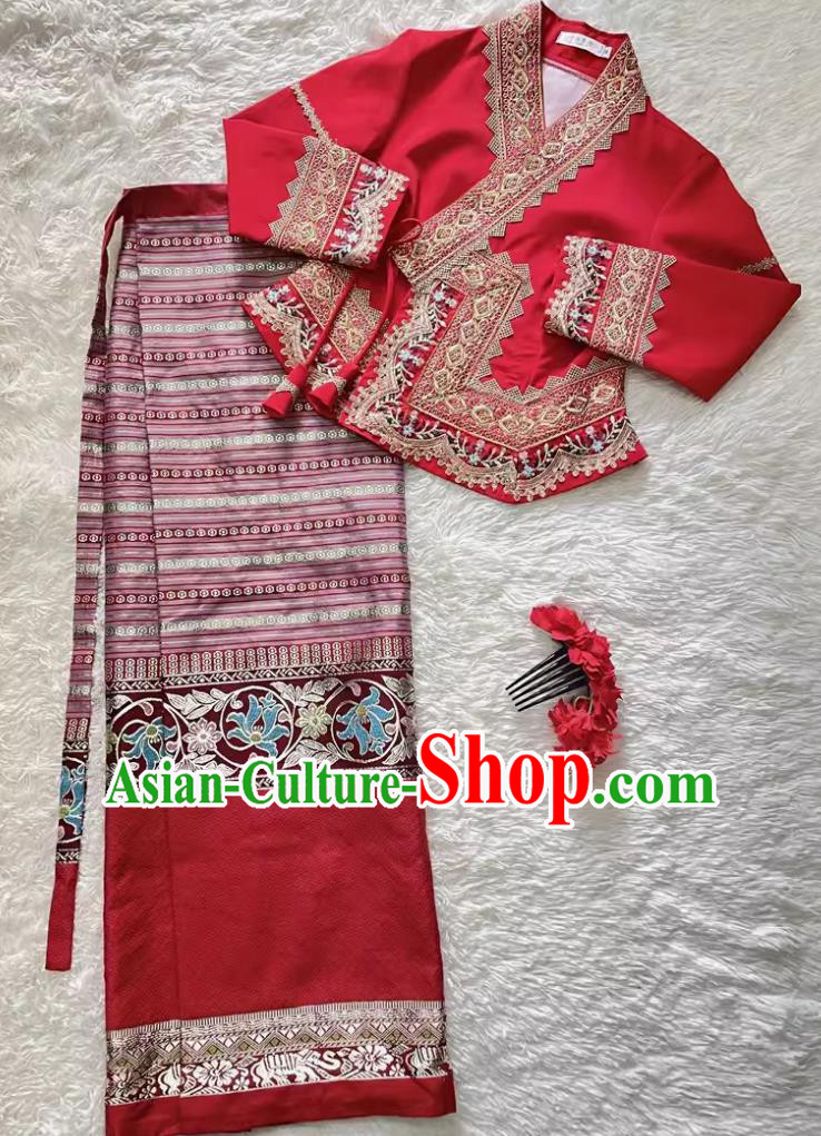 China Xishuangbanna Dai Ethnic Clothing Thailand Design Red Wedding Dress Southeast Asia Style