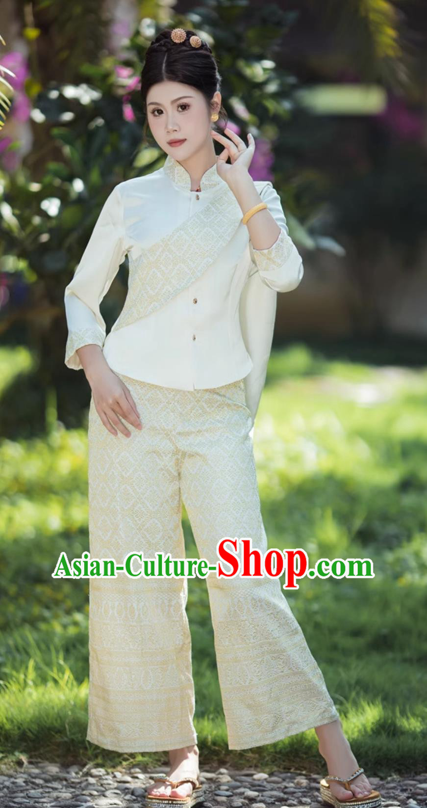 Thai Style Work Clothes China Xishuangbanna Clothing Thailand Shirt And Pants White Set