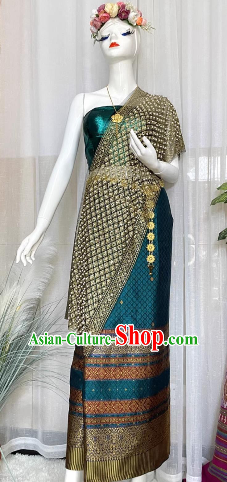 China Dai Ethnic Woman Clothing Xishuangbanna National Minority Costume Thailand Traditional Peacock Blue Top and Skirt Outfit