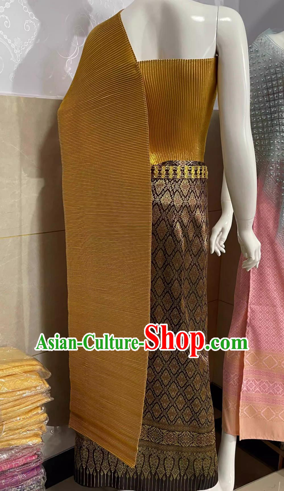 Thailand Traditional Golden Top and Brown Skirt China Dai Ethnic Dress Xishuangbanna Festival Clothing