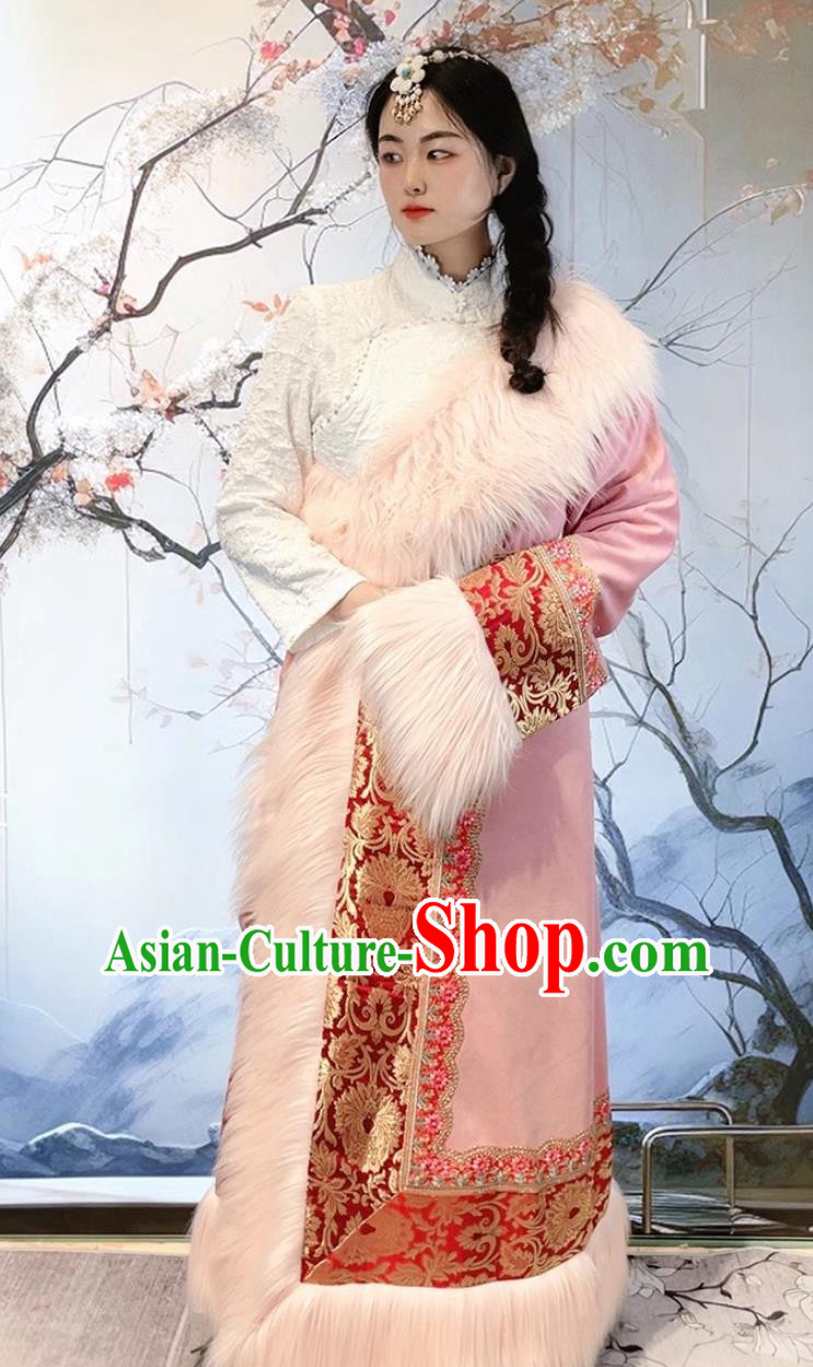 China Xizang Ethnic Stage Performance Clothing Woman Pink Tibetan Robe Zang Nationality Winter Costume