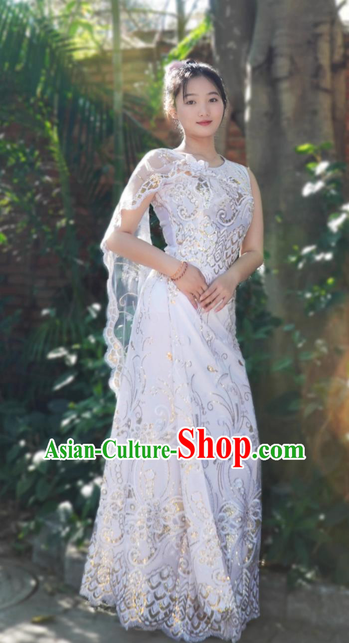China Xishuangbanna Folk Dance Costume Dai Ethnic Woman Clothing Thailand Water Splashing Festival Dance White Top And Long Skirt