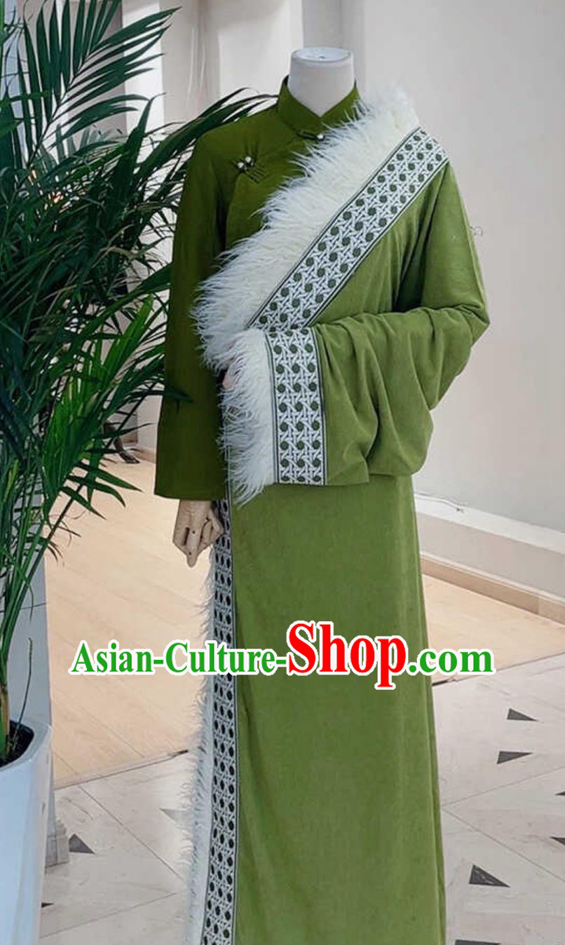 China Xizang Ethnic Performance Clothing Green Tibetan Robe Zang Nationality Woman Costume
