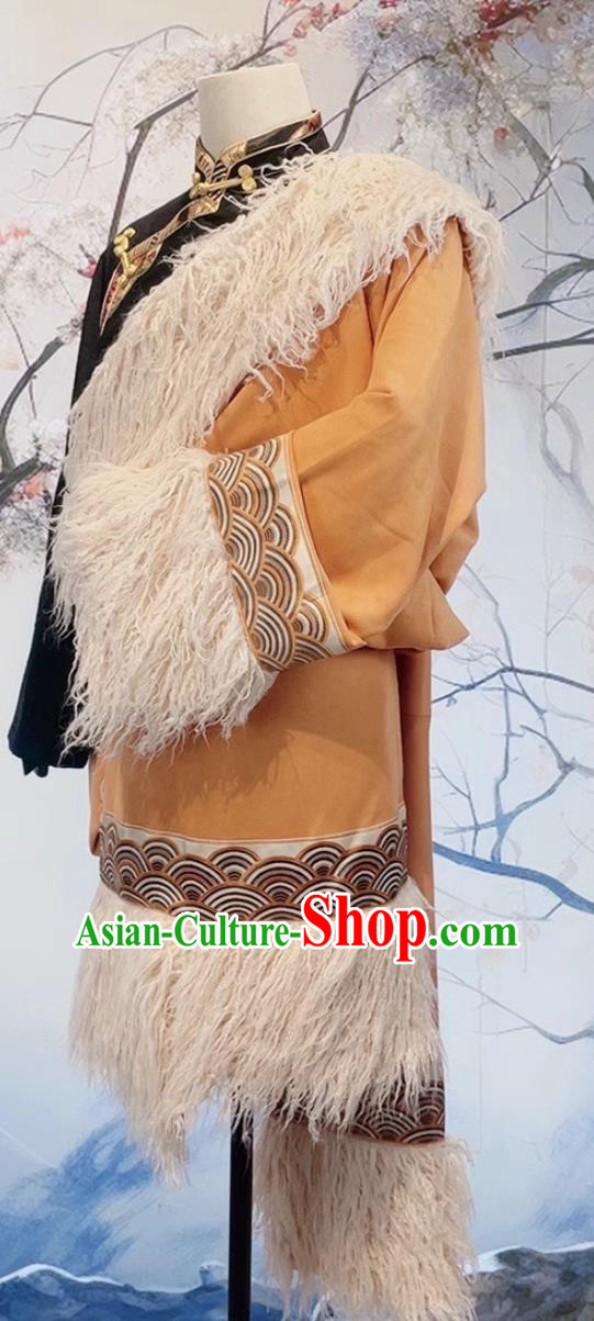 China Xizang Ethnic Stage Performance Clothing Orange Thermal Tibetan Robe Zang Nationality Male Winter Costume