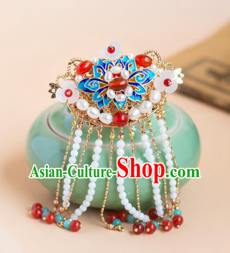 China Ancient Empress Cloisonne Hair Clip Handmade Ming Dynasty Court Woman Hairpin Traditional Chinese Hanfu Tassel Hair Jewelry