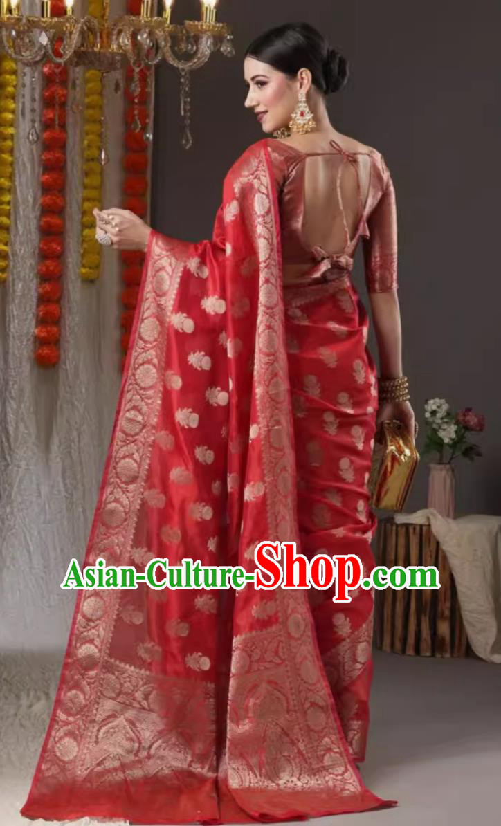 Indian Dress Traditional Woman Red Sari India Wedding Bride Clothing National Costume