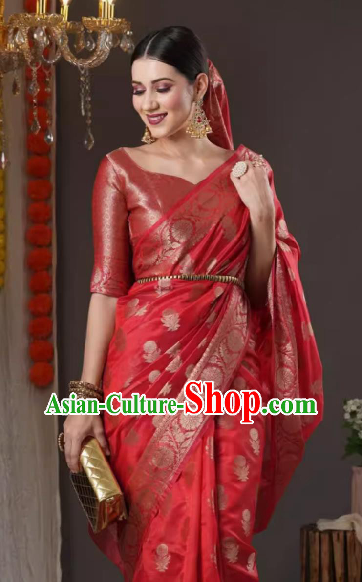 Indian Dress Traditional Woman Red Sari India Wedding Bride Clothing National Costume