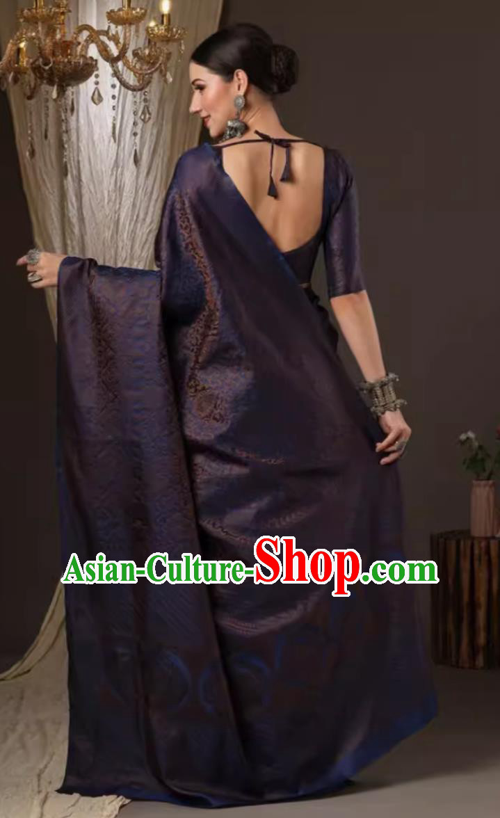 India Festival Clothing Indian National Costume Dark Blue Dress Traditional Woman Sari