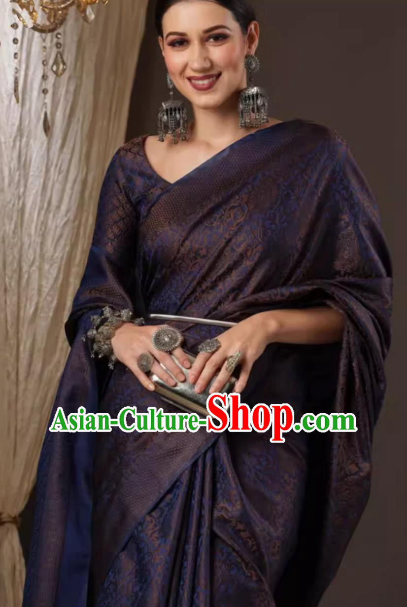 India Festival Clothing Indian National Costume Dark Blue Dress Traditional Woman Sari