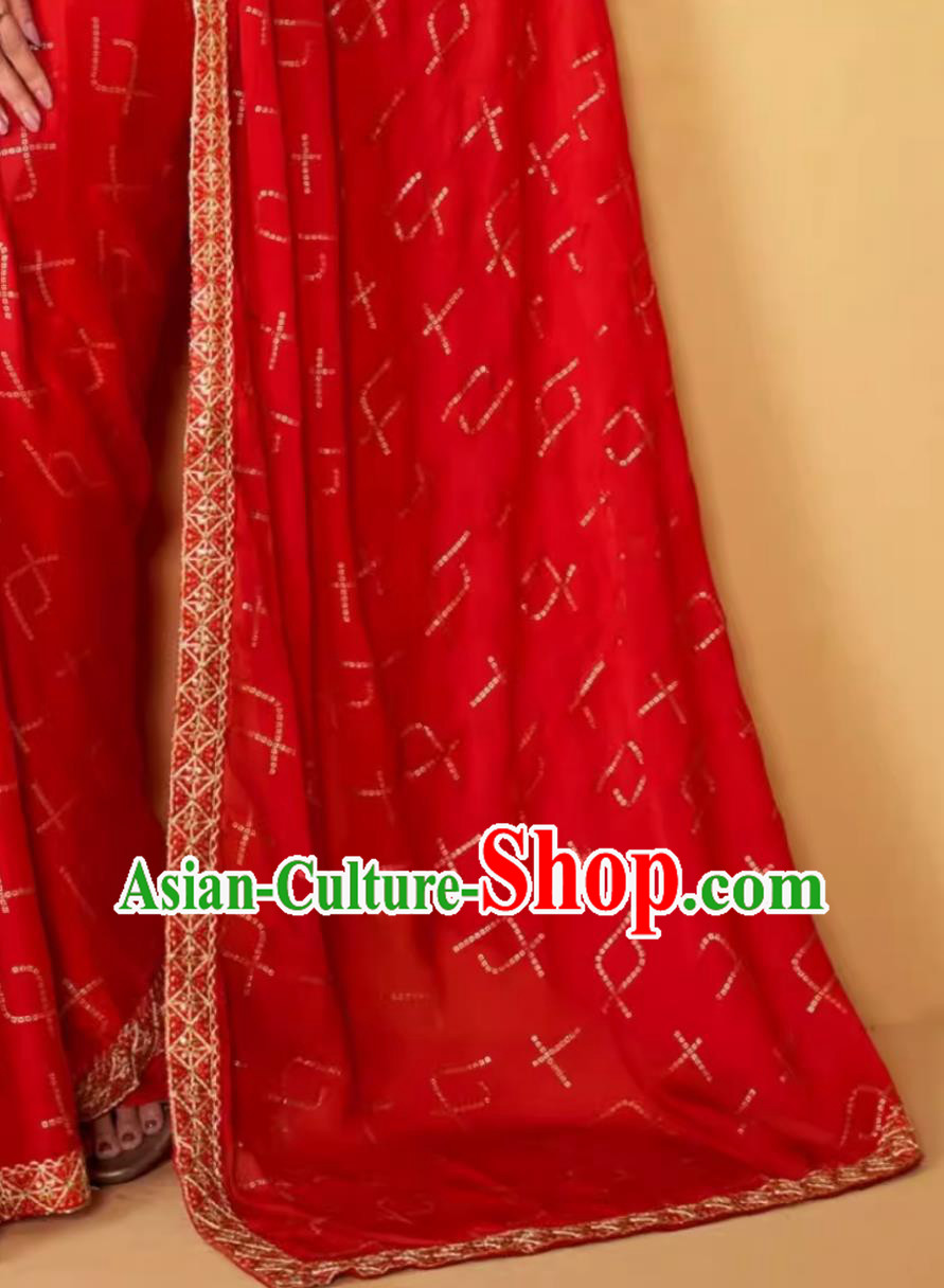 Indian Woman Embroidered Sari India Festival Clothing National Costume Traditional Wedding Red Dress