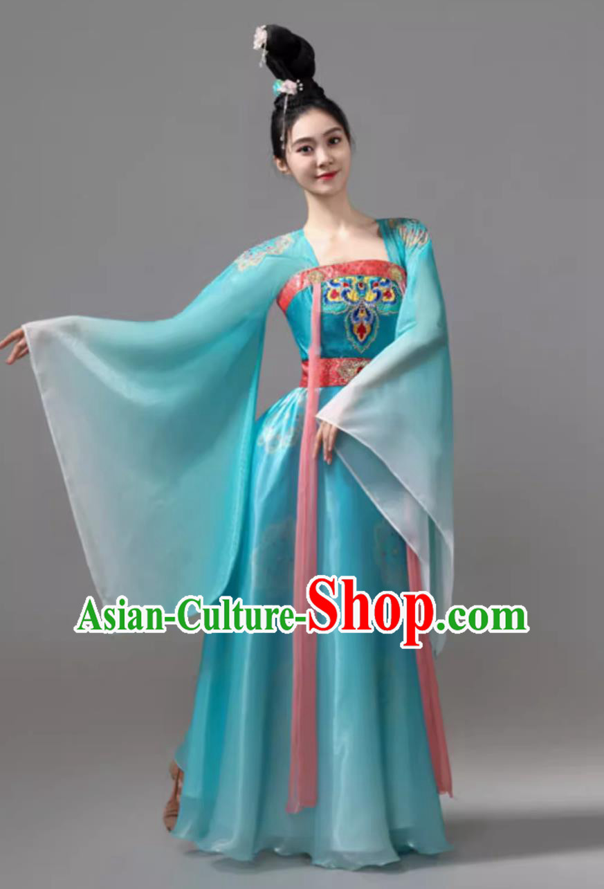 Ancient Chinese Clothing Classical Dance Blue Dress Traditional Hanfu Wide Sleeve Costume