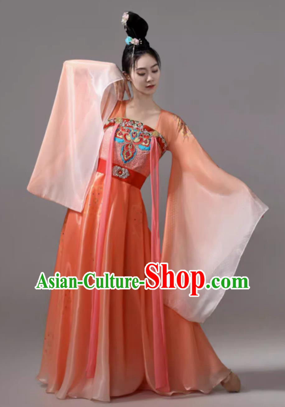 Traditional Hanfu Wide Sleeve Costume Ancient Chinese Clothing Classical Dance Orange Dress