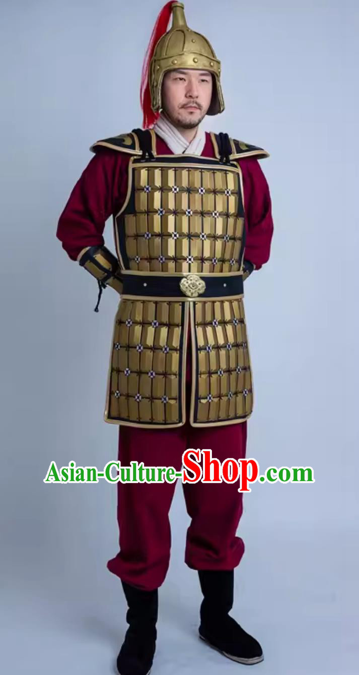 Traditional Stage Performance Warrior Costume China Qin Dynasty Hero Golden Armor and Helmet Ancient Chinese Clothing
