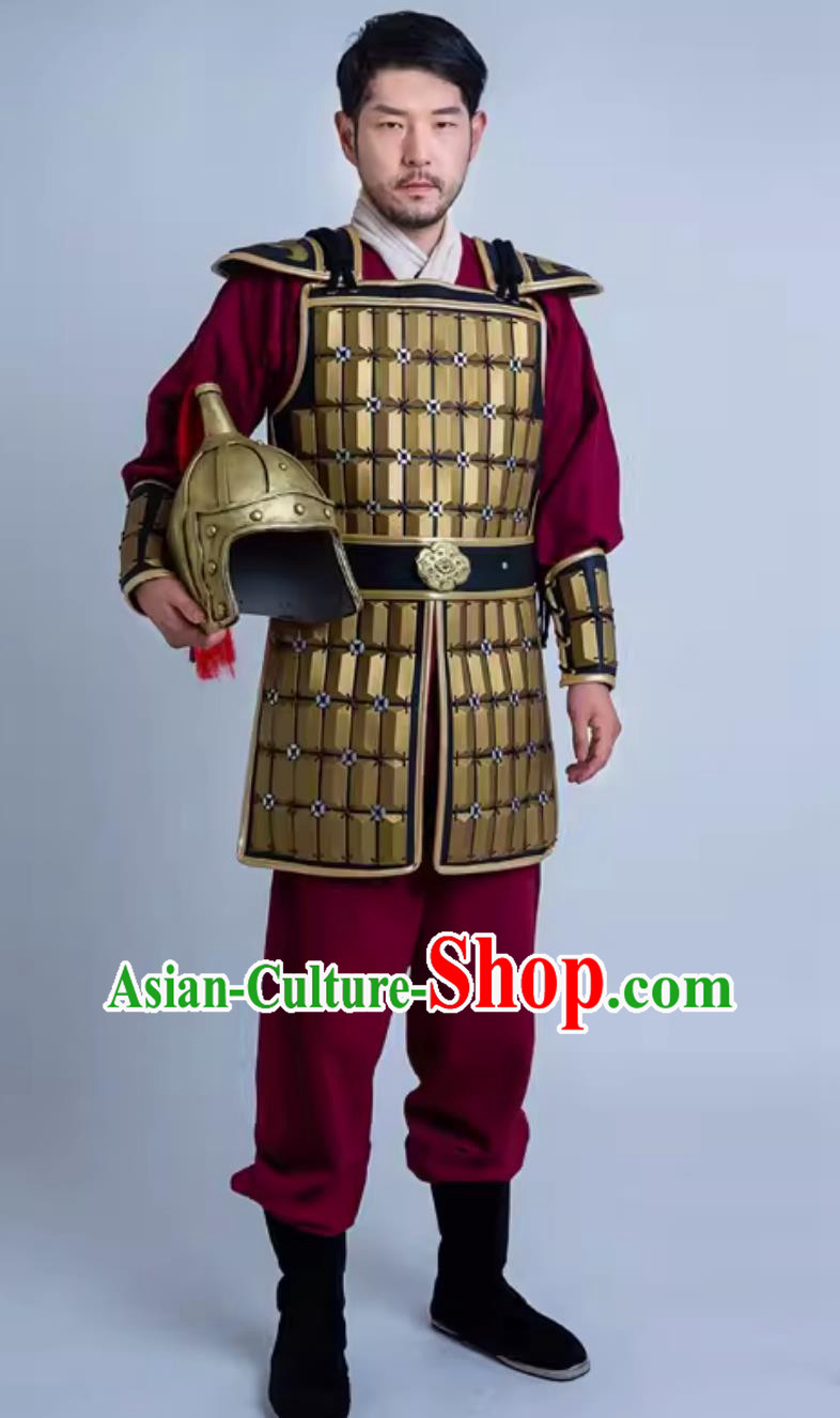 Traditional Stage Performance Warrior Costume China Qin Dynasty Hero Golden Armor and Helmet Ancient Chinese Clothing